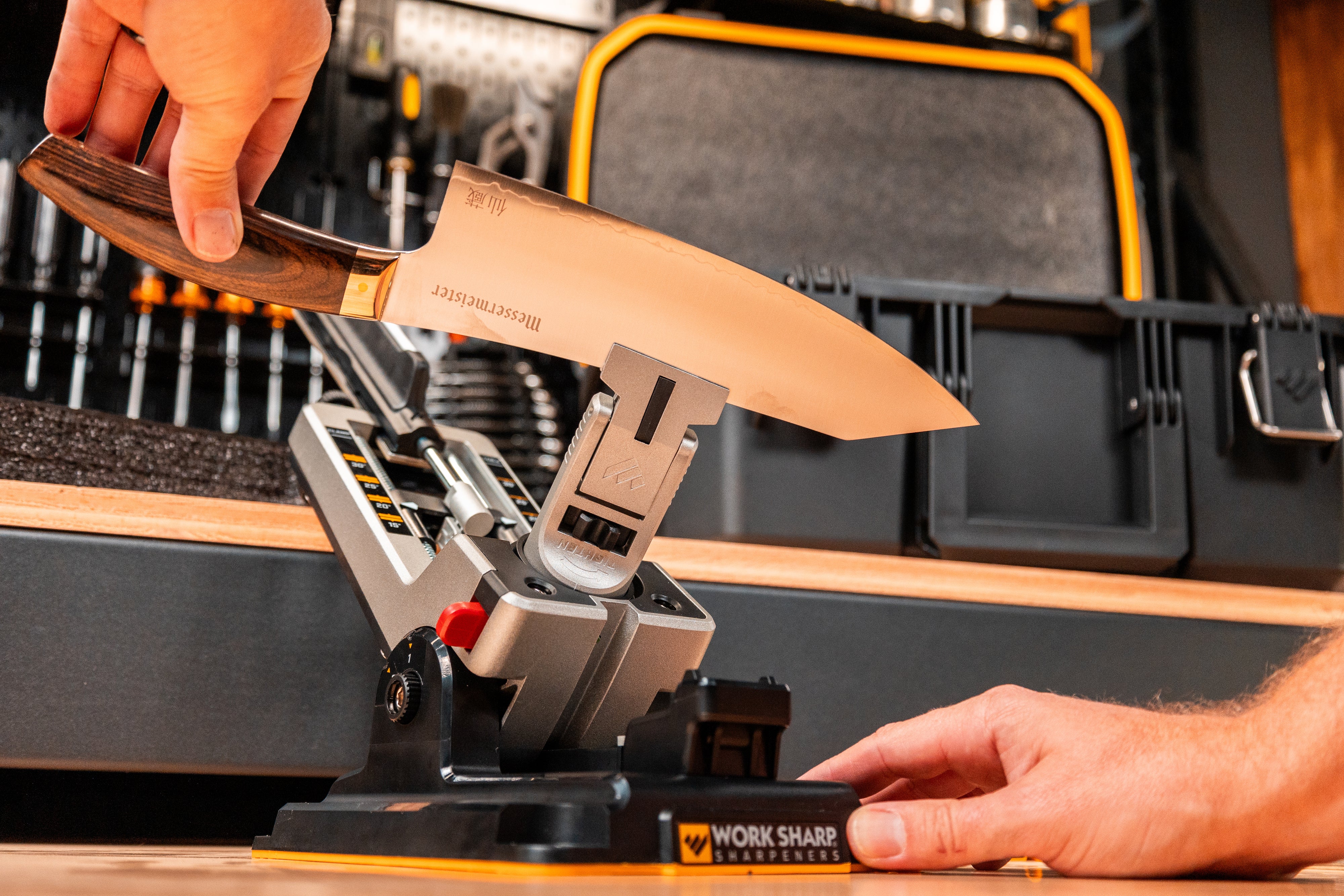 Professional Precision Adjust Elite knife sharpener in use on kitchen knife.