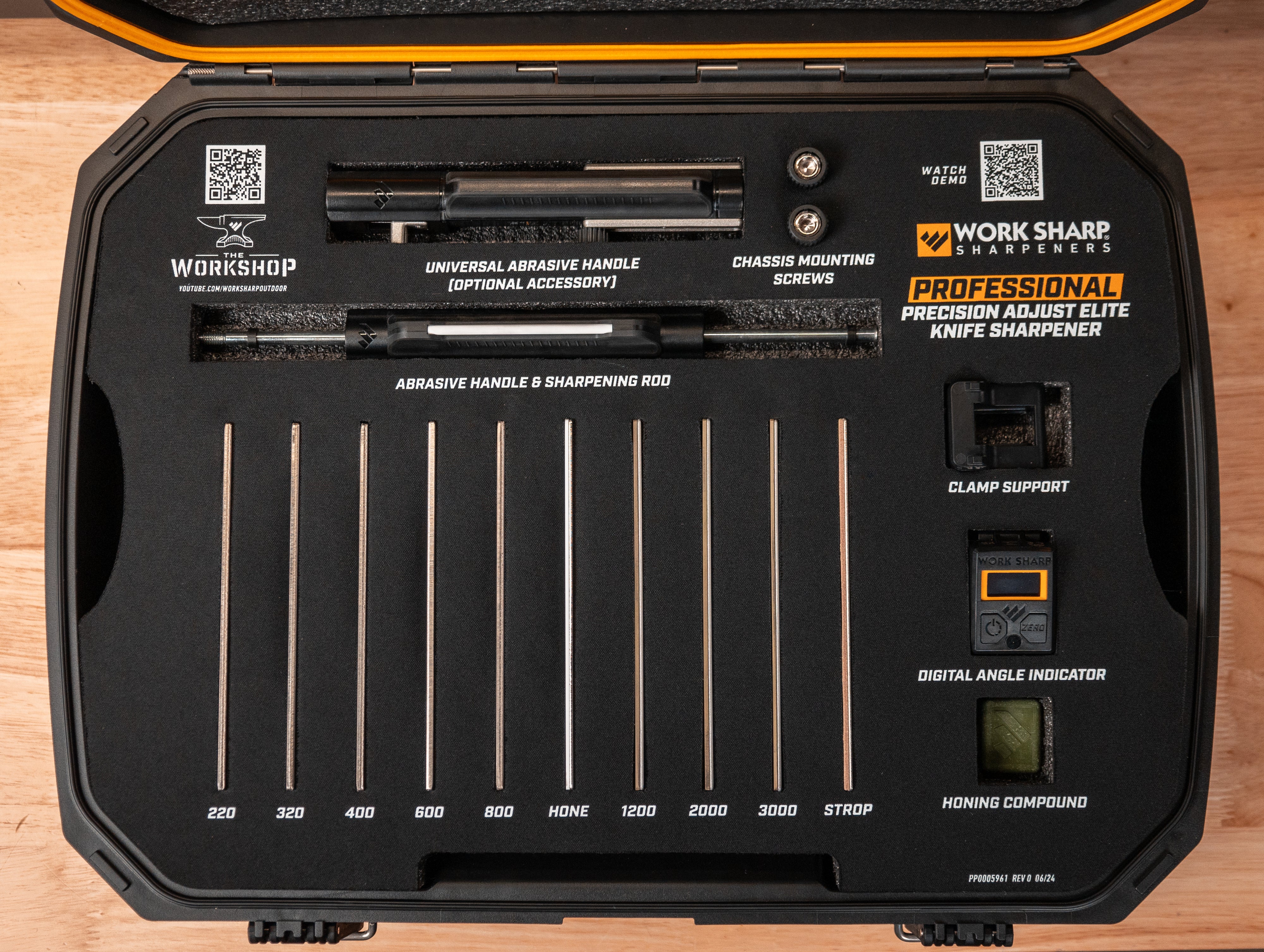 Top down look at open carrying case of Professional Precision Adjust Elite with all accessories.