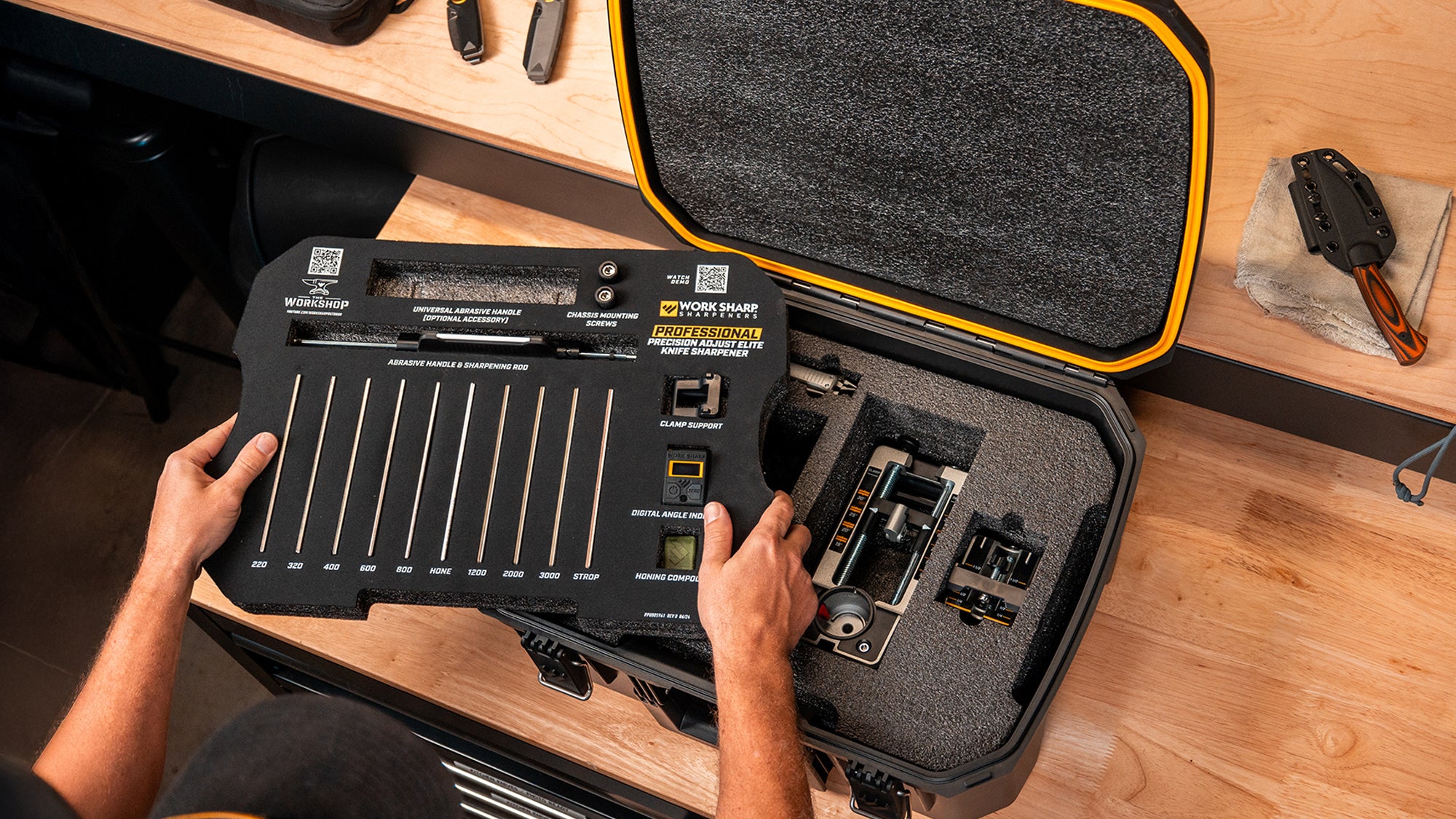 Inside view of the Professional Precision Adjust Elite knife sharpener custom case.