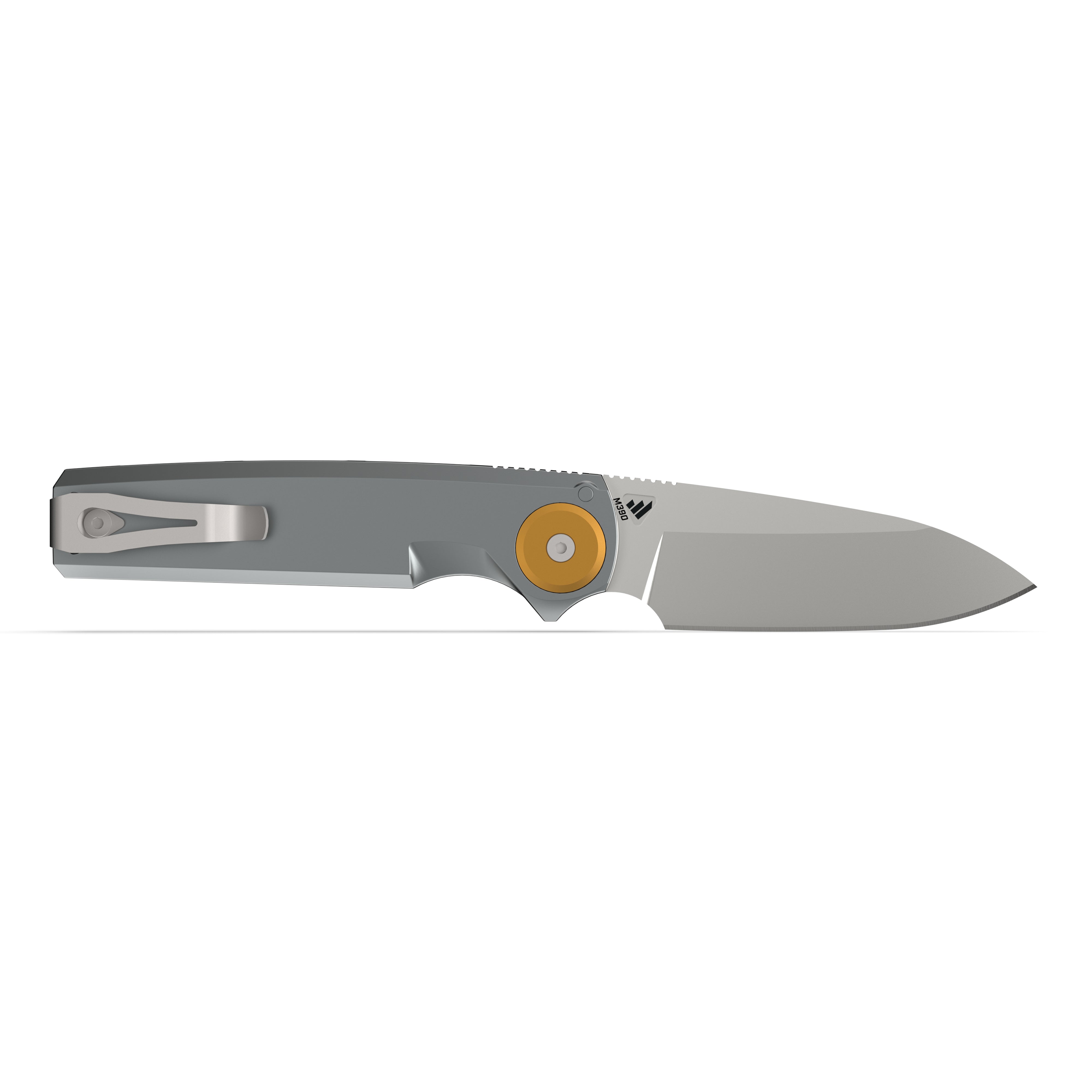 RMX™ Drop Point EDC Folding Knife with extended M390 steel blade on white background.