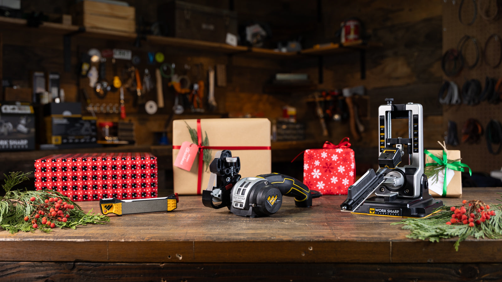 Work Sharp's most popular gift giving lineup on a work bench.