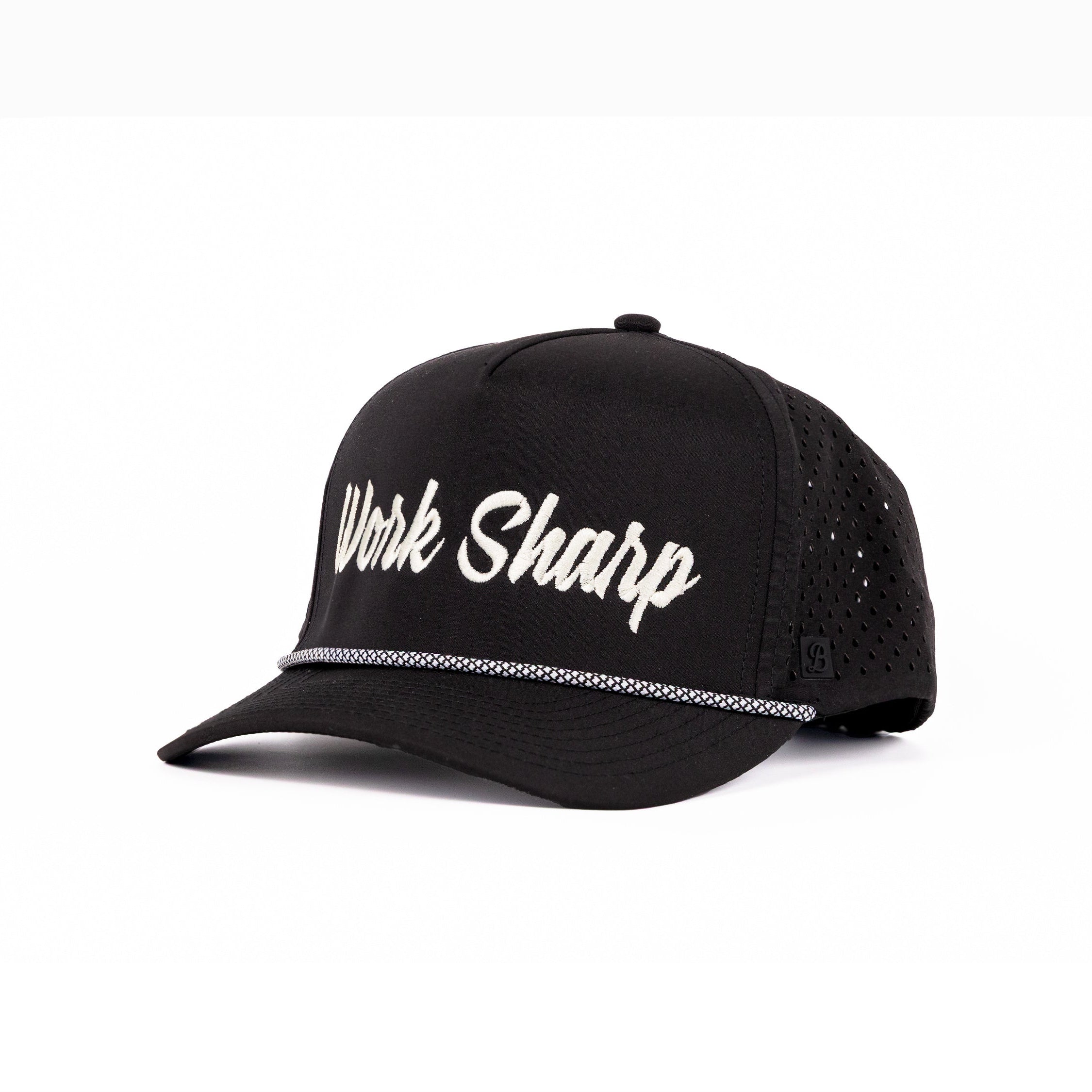 Black cap with 'Work Sharp' text on a white background
